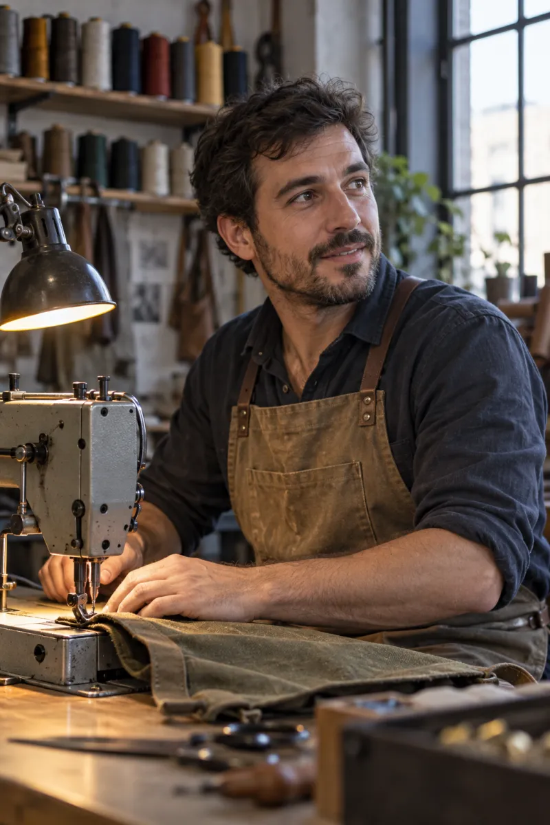Javier Molina sentado en una máquina de coser industrial