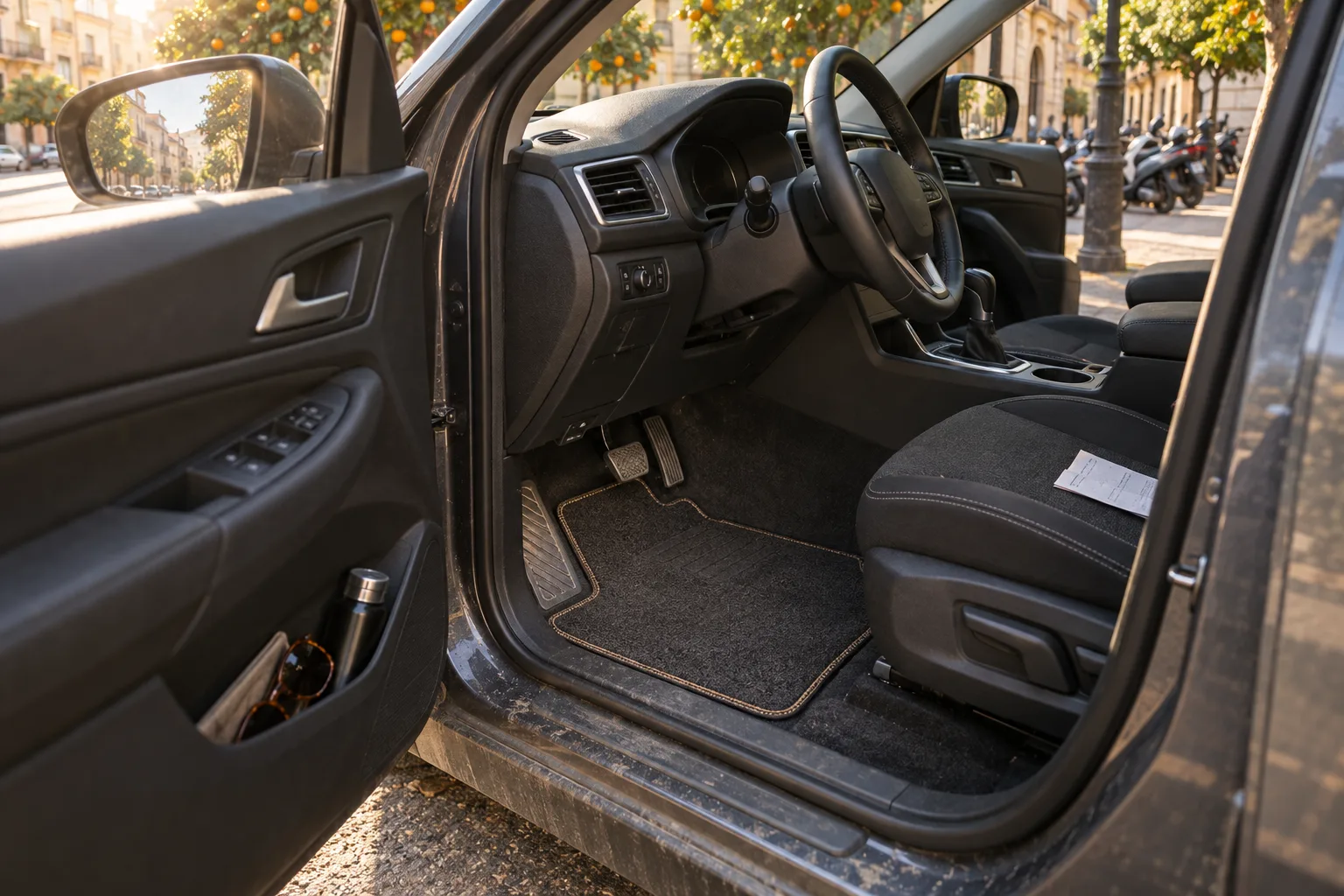 Puerta del conductor abierta de un SUV con una alfombrilla de moqueta antracita con ribete color cuero recién instalada