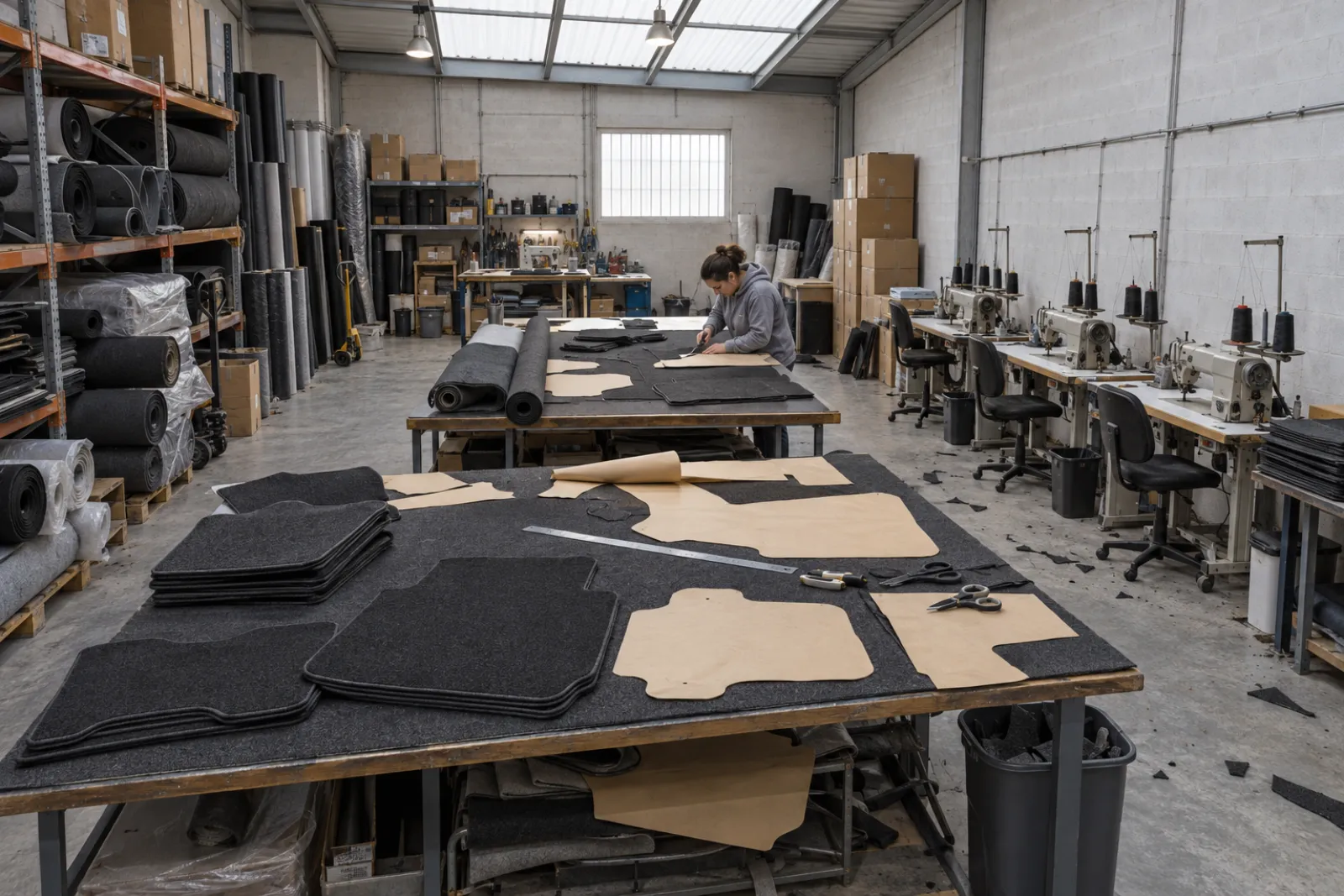 Interior del taller con mesas de corte, rollos de moqueta y máquinas de coser