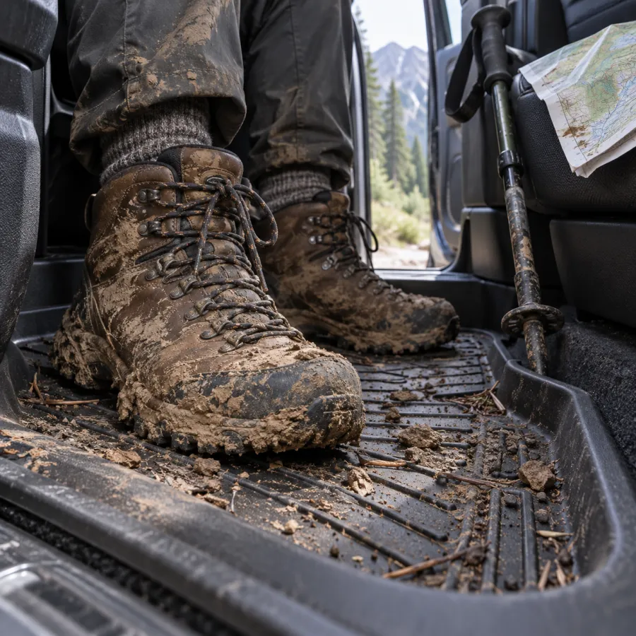 Botas de montaña embarradas sobre una alfombrilla 3D de goma con bordes altos